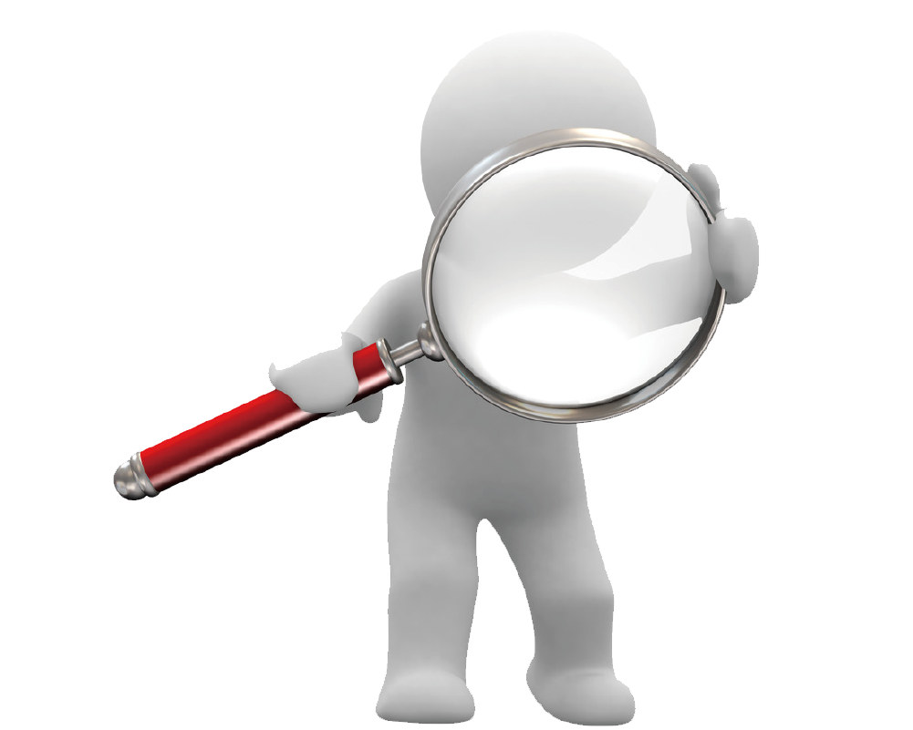 white figure holding a magnifier